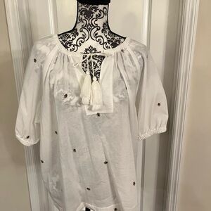 Karen Kane White Tie Front peasant Blouse with 3/4 Sleeves